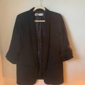 Zara Women Blazer Jacket Black Open Front Collar Ruched Cuffed Sleeves Small
